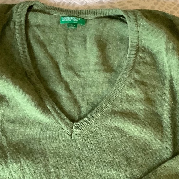 Green Wool Benetton V-neck Sweater M - Picture 5 of 5